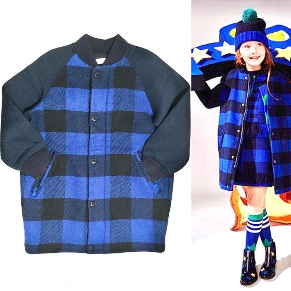 Stella McCartney Kids Coat Buffalo Plaid Check Wool Varsity Jacket Blue Black 6